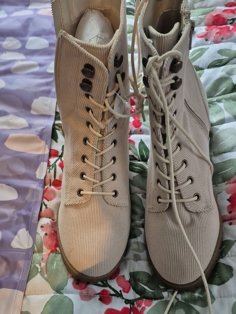 Corduroy Lace-Up Ankle Boots in Cream